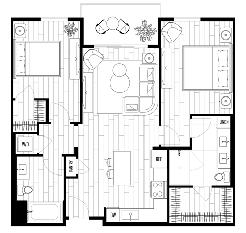 Floor plan for 2 beds, 2 baths, 983 sqft